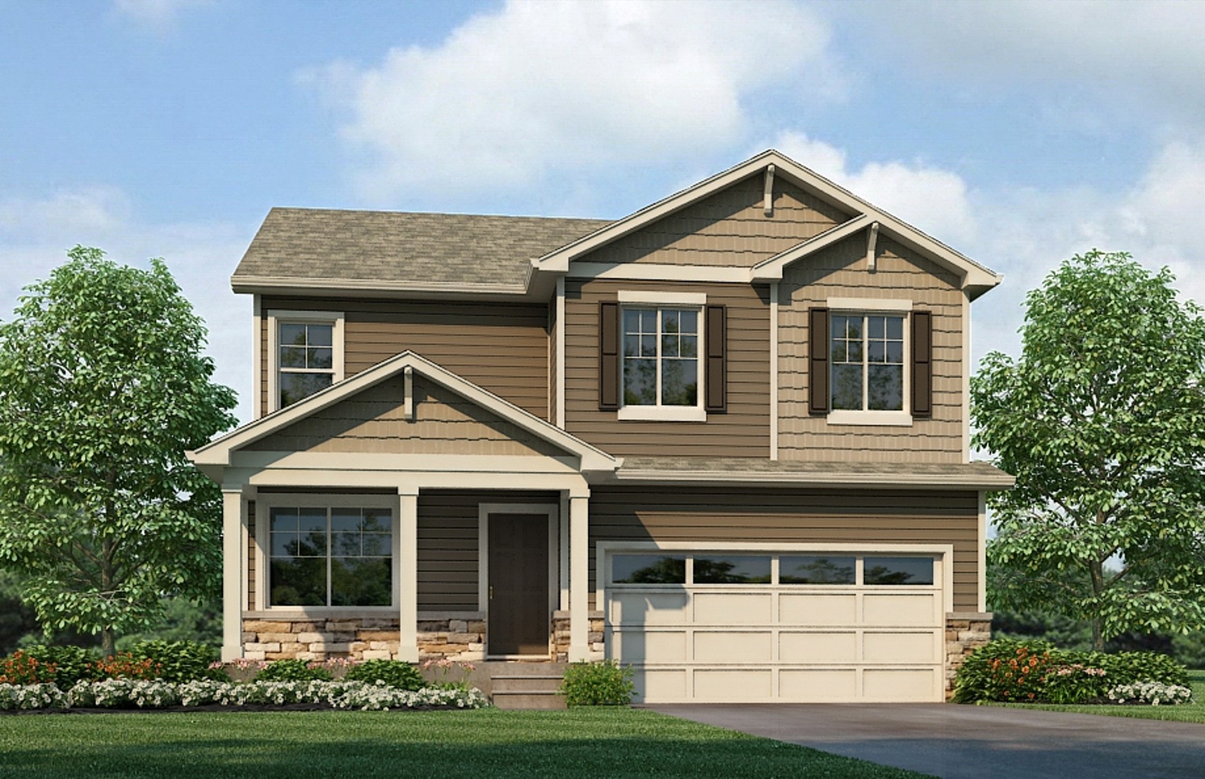 Bellamy two-story home plan rendering shown with exterior elevation option A and covered front porch