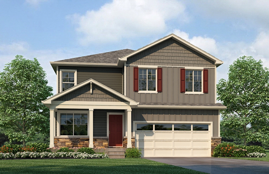 Exterior elevation option B of Bellamy two-story home plan with 2-car garage featured at Sky Ranch by D.R. Horton