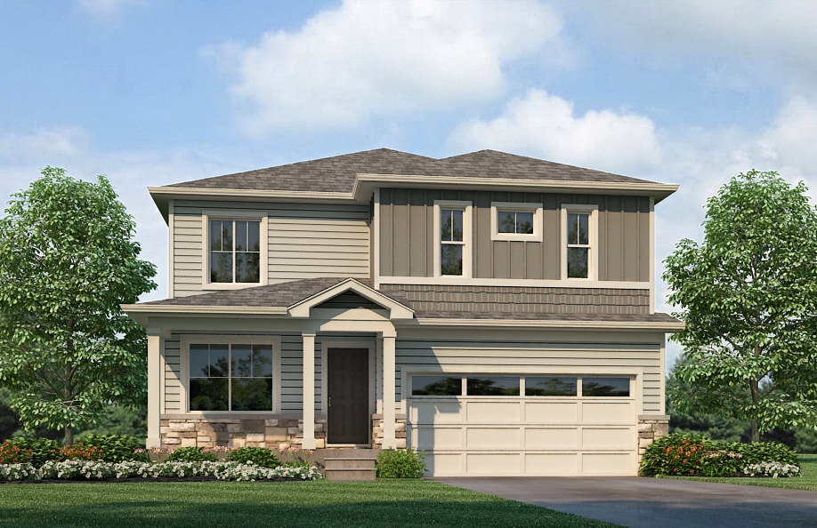Rendered exterior elevation option C of 2-car Bellamy two-story home plan featured at Sky Ranch by D.R. Horton