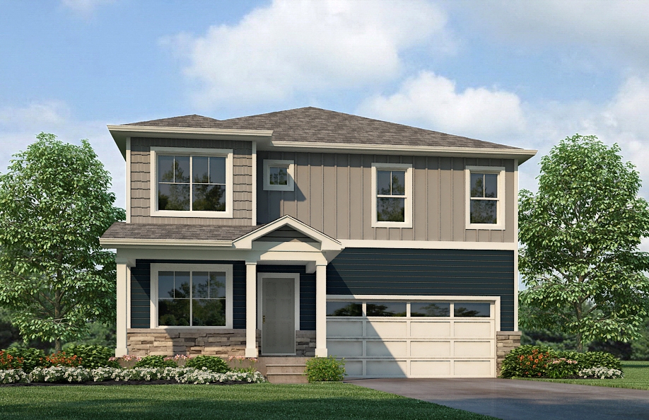 Holocombe two-story home plan rendering shown with exterior elevation option J