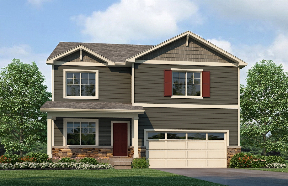 Exterior rendering of two-story Bridgeport plan with elevation option B with red accents