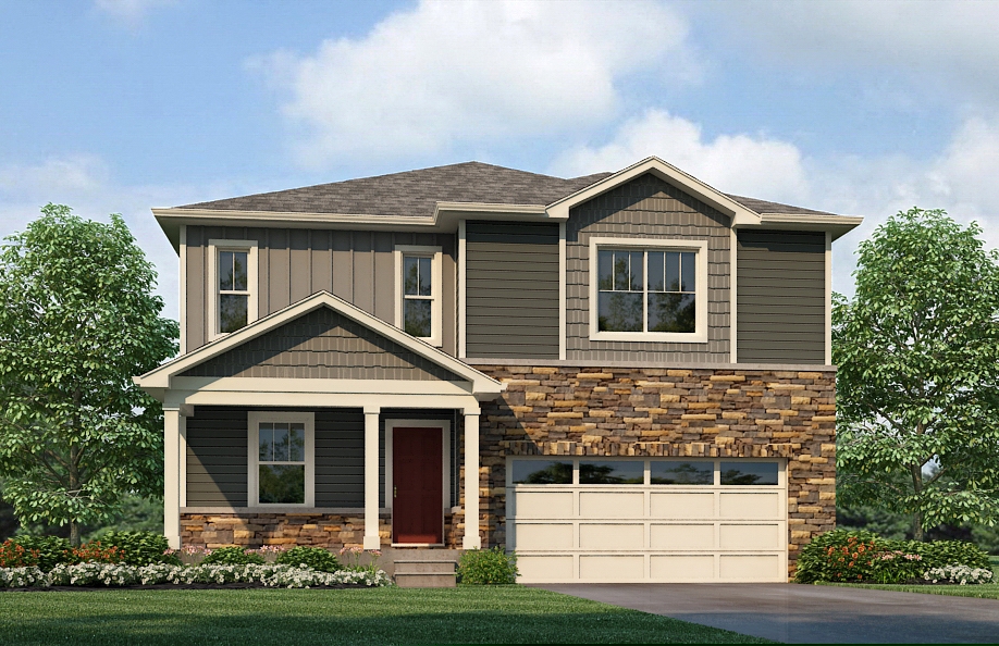 Exterior rendering of two-story Bridgeport plan with elevation option K with partial stone facade