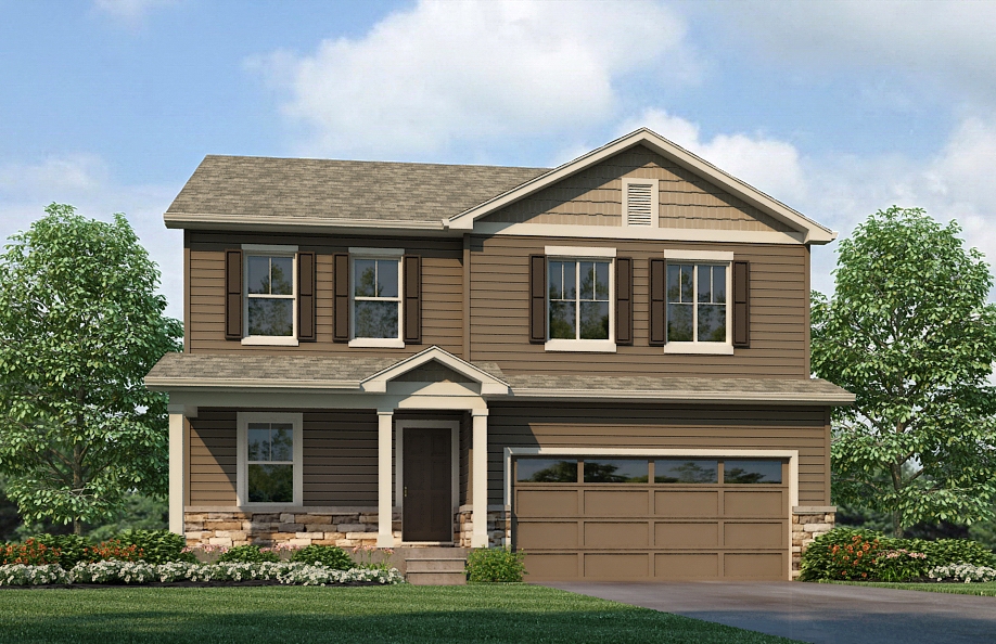 Exterior rendering of two-story Pendleton plan showing elevation option L2 with 2-car garage