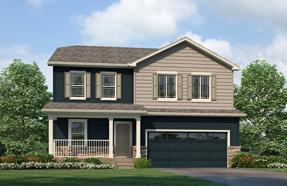 Exterior rendering of two-story Pendleton plan showing elevation option M2 with 2-car garage