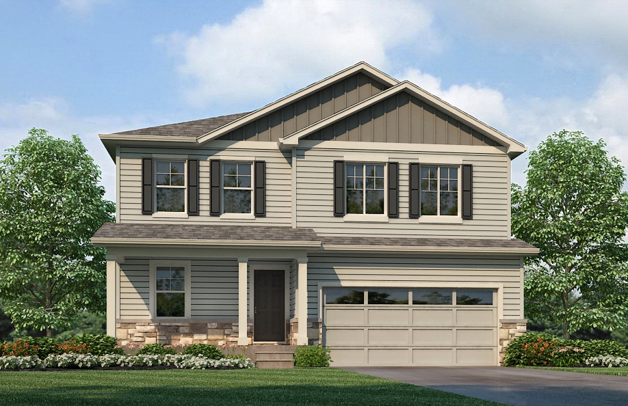 Exterior rendering of two-story Pendleton plan showing elevation option N2 with 2-car garage