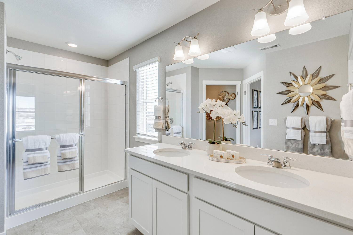 Bridgeport private bath with dual sink vanity and step-in shower
