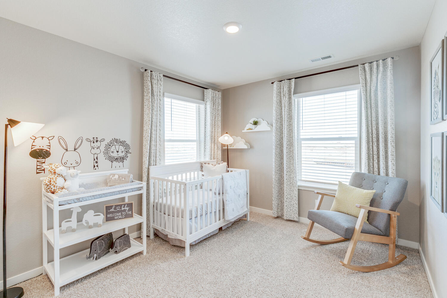 Secondary bedroom staged as nursery, located on second floor of Bridgeport plan