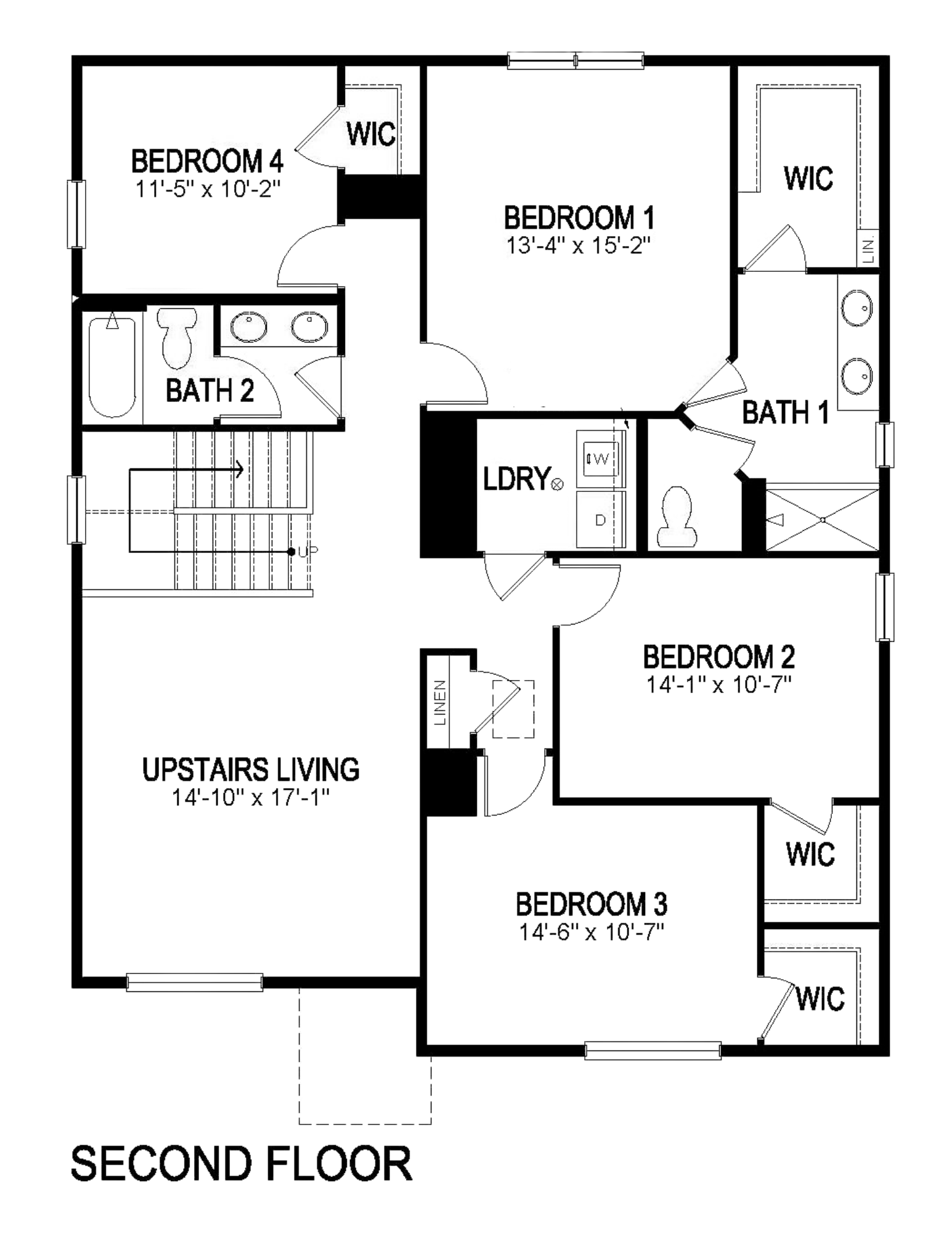 Second floor layout of Bridgeport plan by D.R. Horton, featured at Harmony community