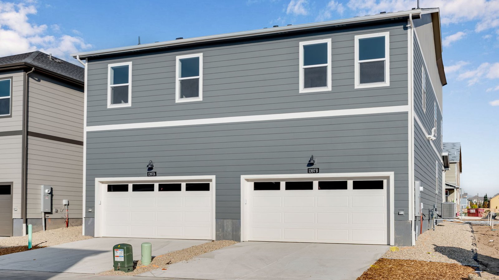 two car attached garage of new d.r. horton townhome Denver, CO