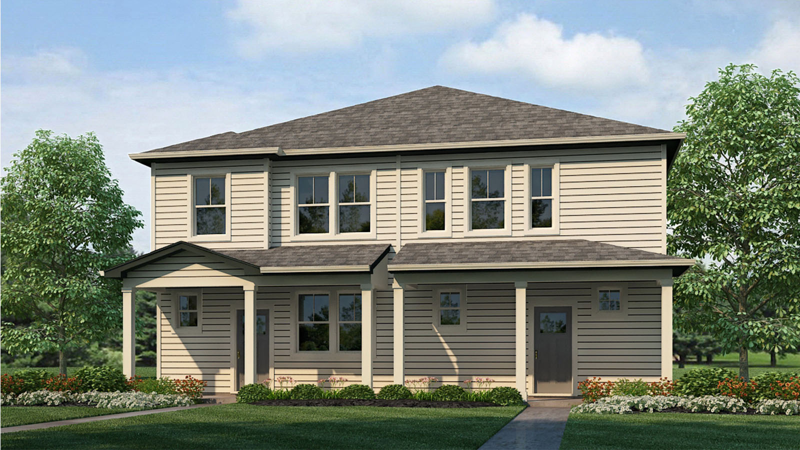Melbourne plan duplex exterior elevation B with light beige exterior paint scheme with multiple windows and covered porches