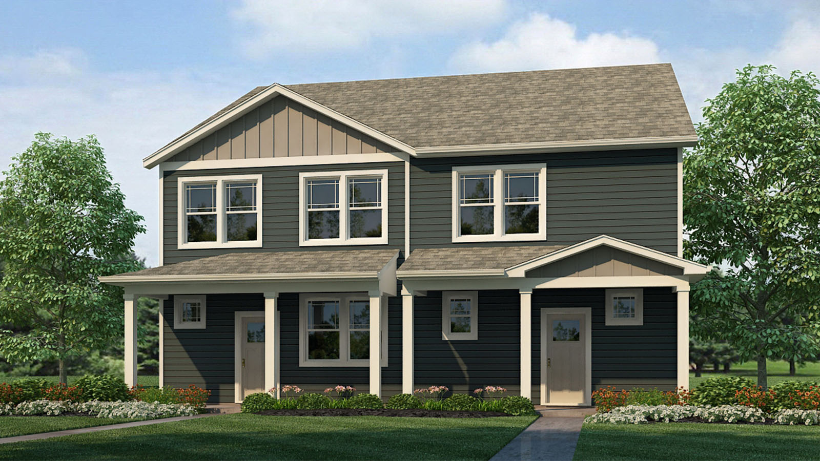 Melbourne plan duplex exterior elevation D drawing in beige and brown paint scheme displaying gridded windows