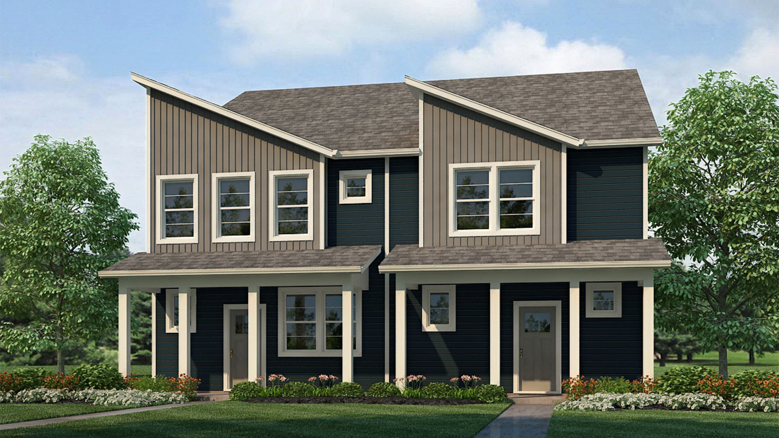 Melbourne plan duplex exterior elevation E design features contemporary sloping roofs and a grey with navy color scheme