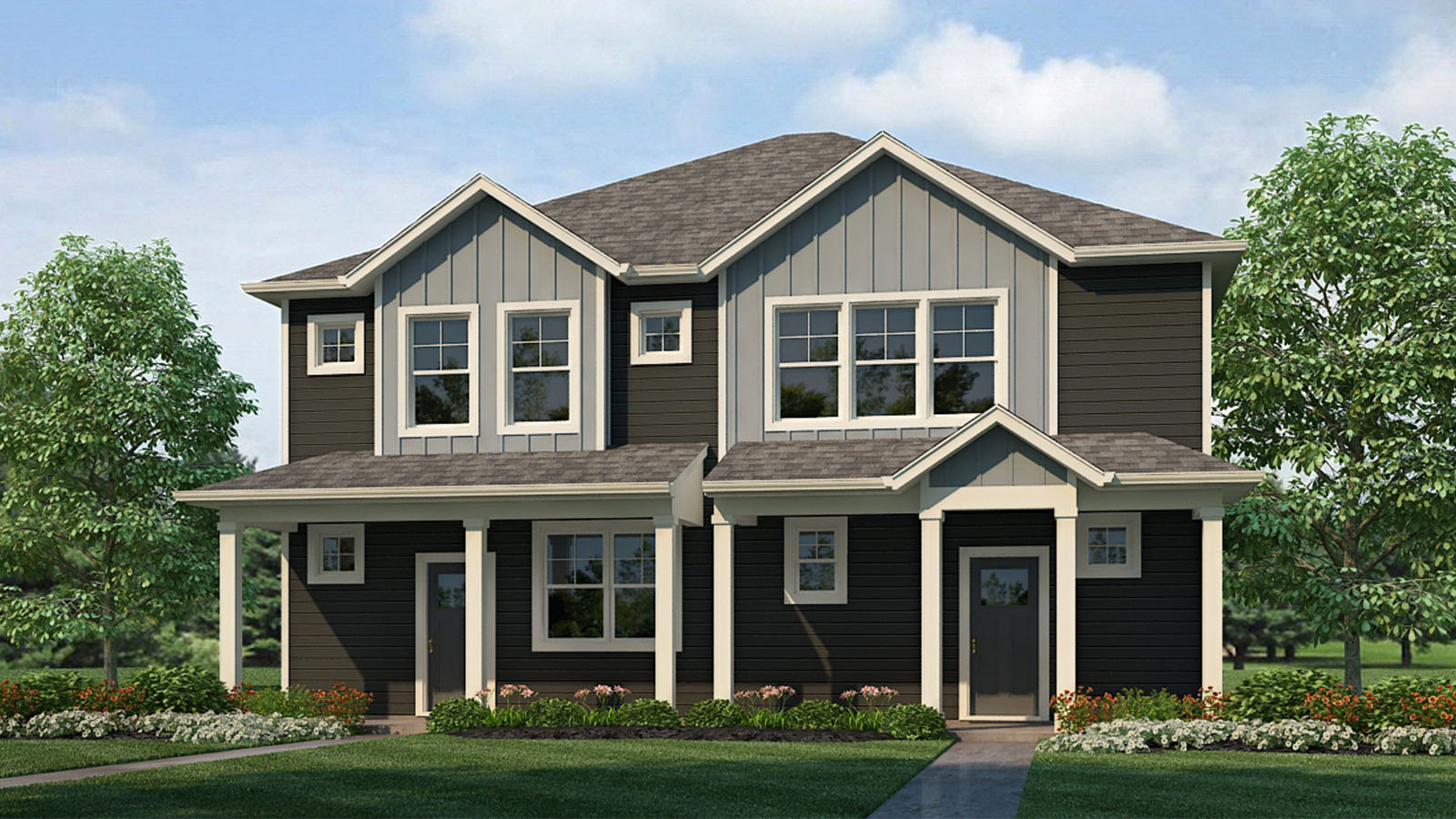 Muirfield duplex floor plan elevation A with light and dark grey color scheme at Arcadia in Denver Colorado