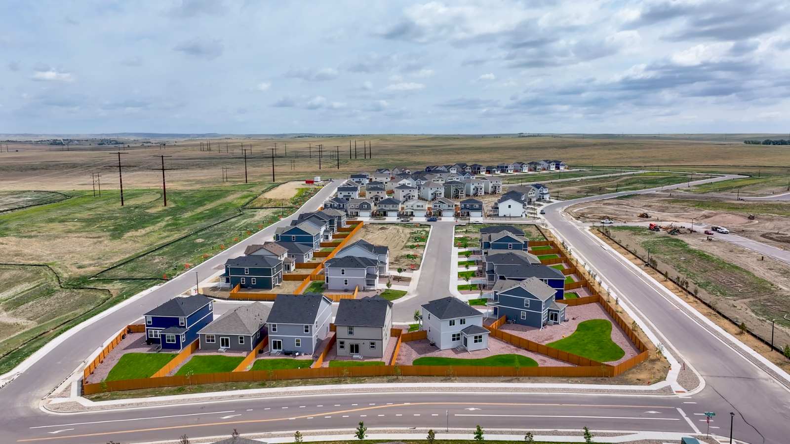 Aerial shot of Lorson Ranch homes with fully fenced backyards