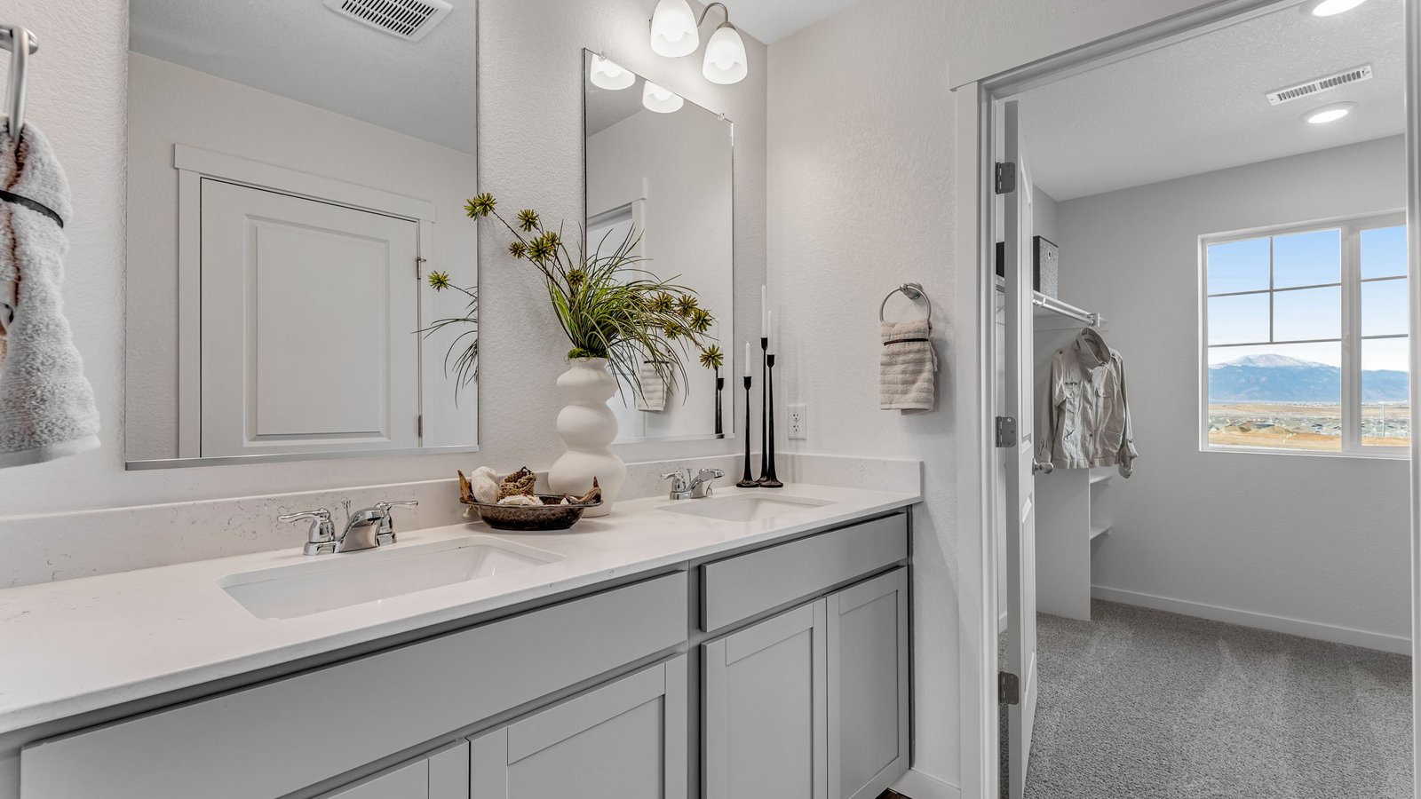 Primary bathroom with dual sinks, modern fixtures, and walk-in shower.
