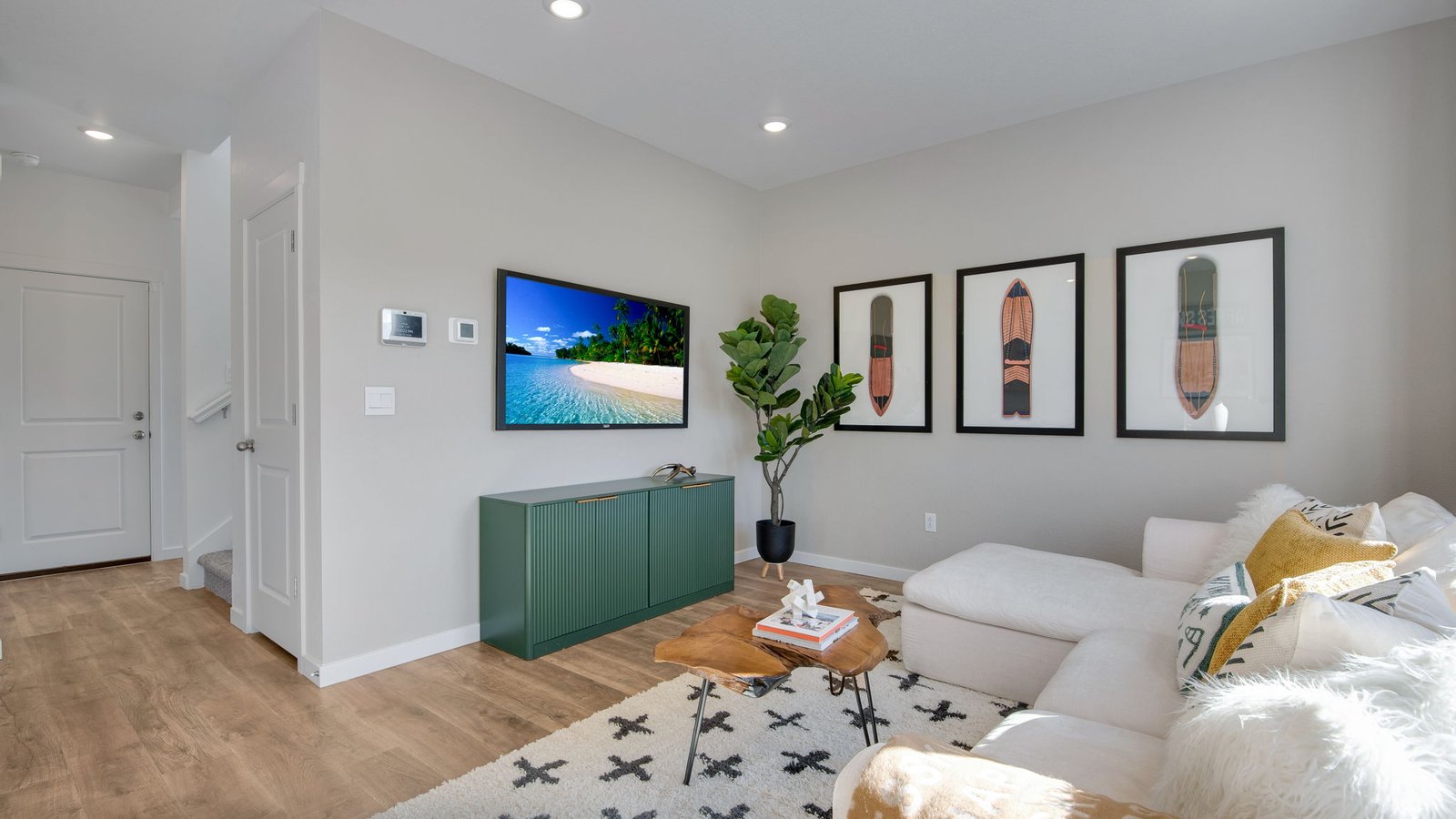 living room with ski photos