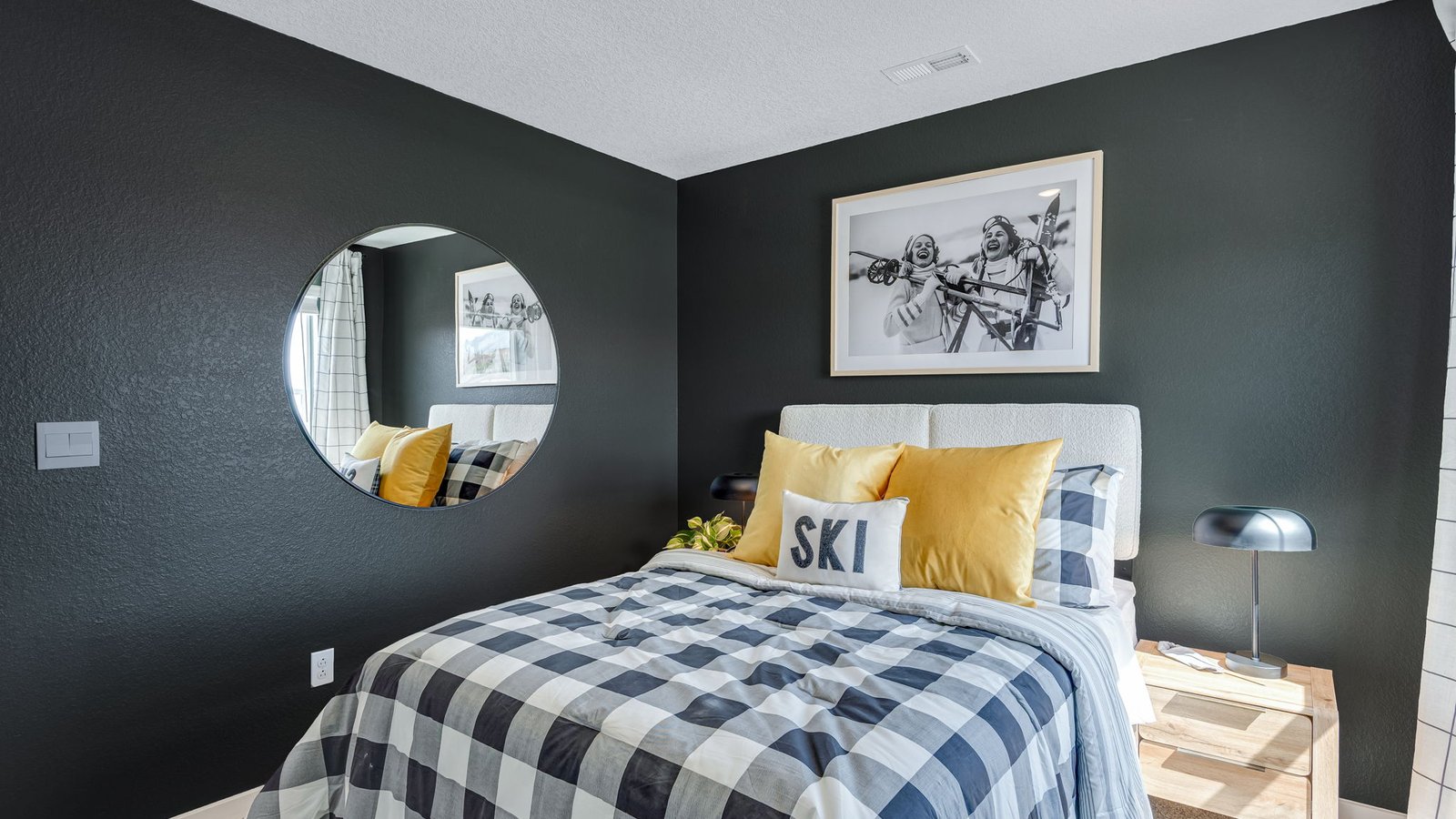 guest bedroom with black and white ski theme