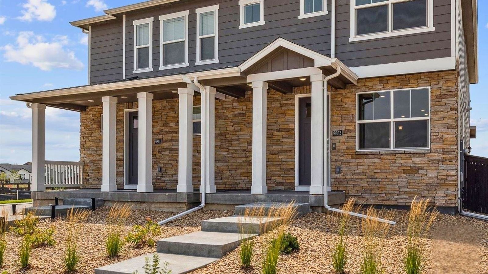 New construction paired home exterior in Settlers Crossing community