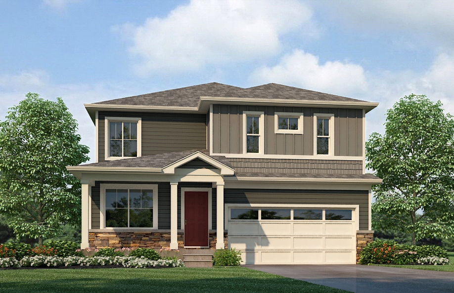 Single family Bellamy floor plan elevation S with covered front porch at Settlers Crossing by D.R. Horton