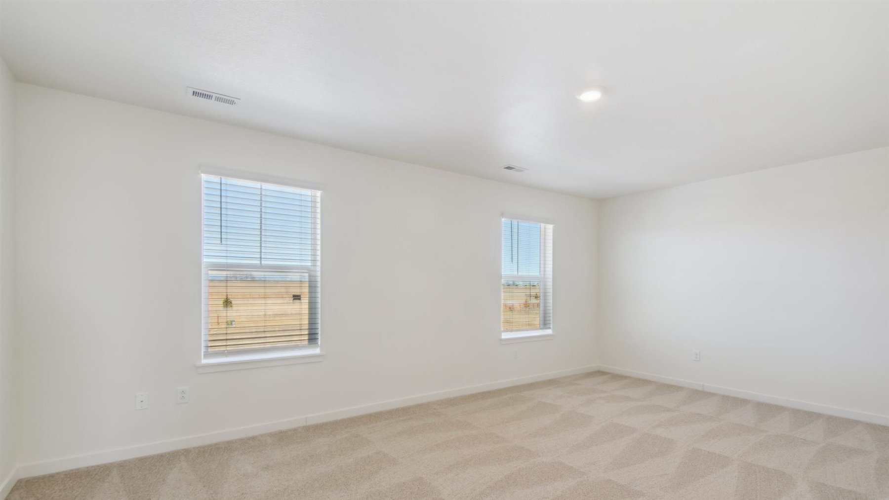 Two large windows, plush carpeting, and energy saving LED lighting in large primary bedroom