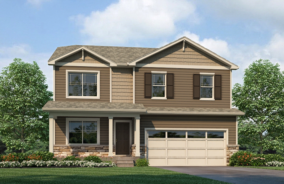 Exterior of Pendleton floor plan elevation B with covered front porch at Settlers Crossing