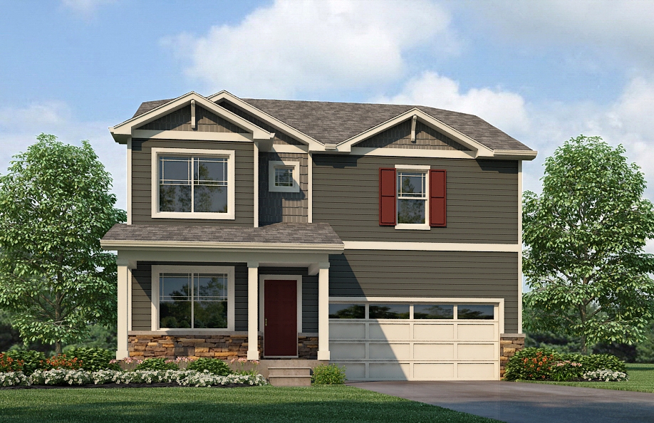 Elevation I of Holcombe two level floor plan in Settlers Crossing showing covered porch at front entry