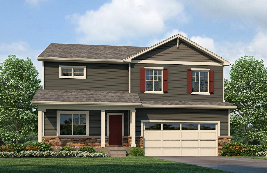 Elevation H from Henley two-story floor plan at Settlers Crossing with extended garage roof and covered front porch