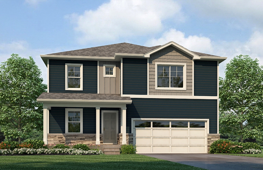 Elevation D of two-story Bridgeport plan at Settlers Crossing featuring covered porch