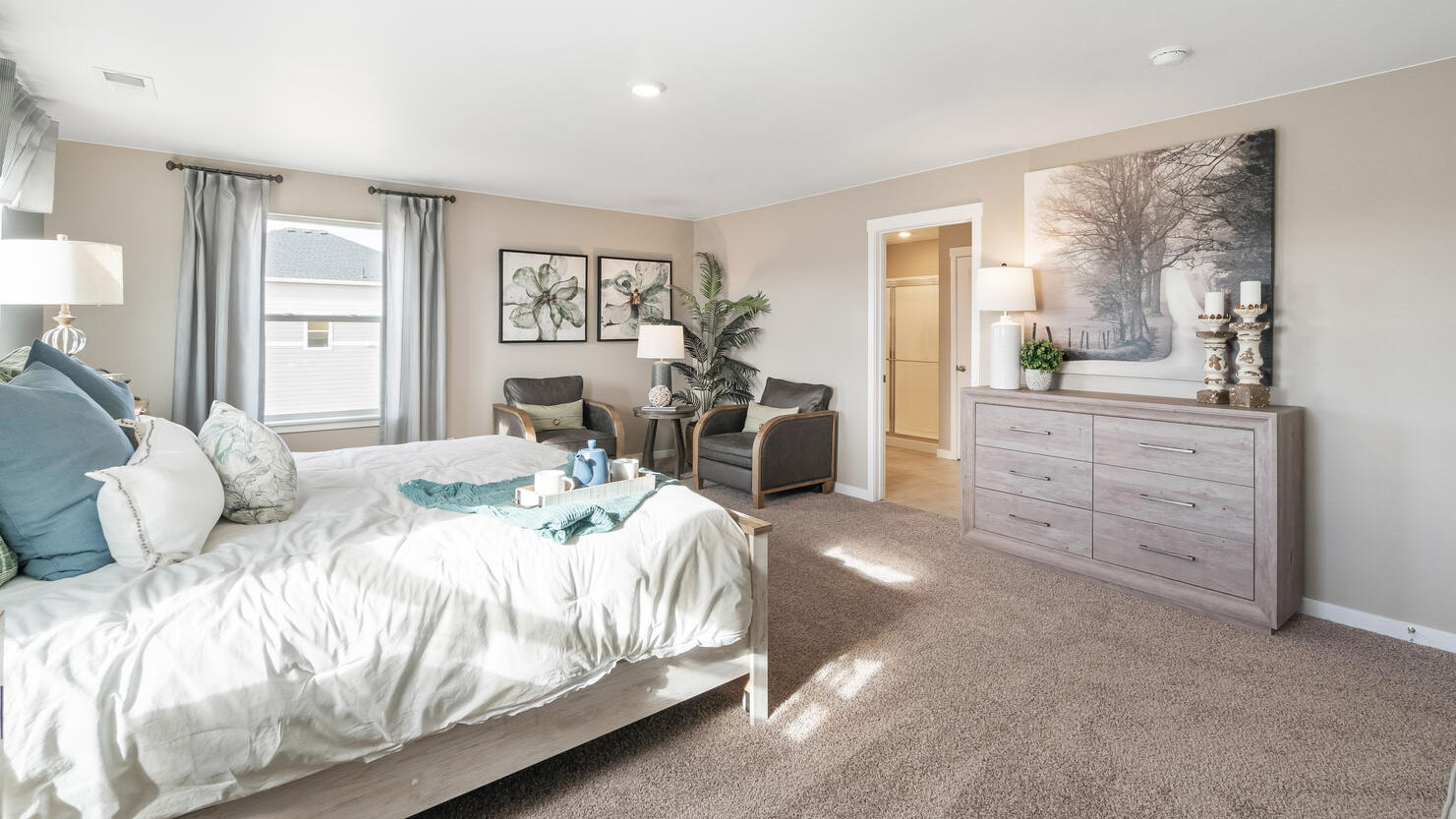 Another image of main bedroom with energy efficient LED lighting and private bathroom