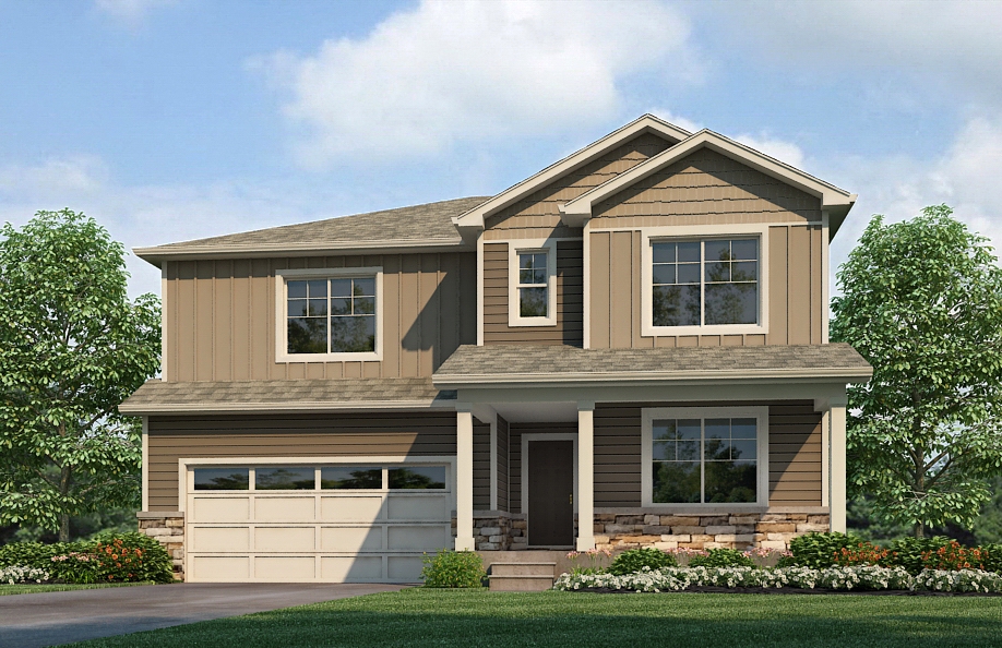 Elevation D of Henessy plan spanning two floors with covered front porch and extended garage roof