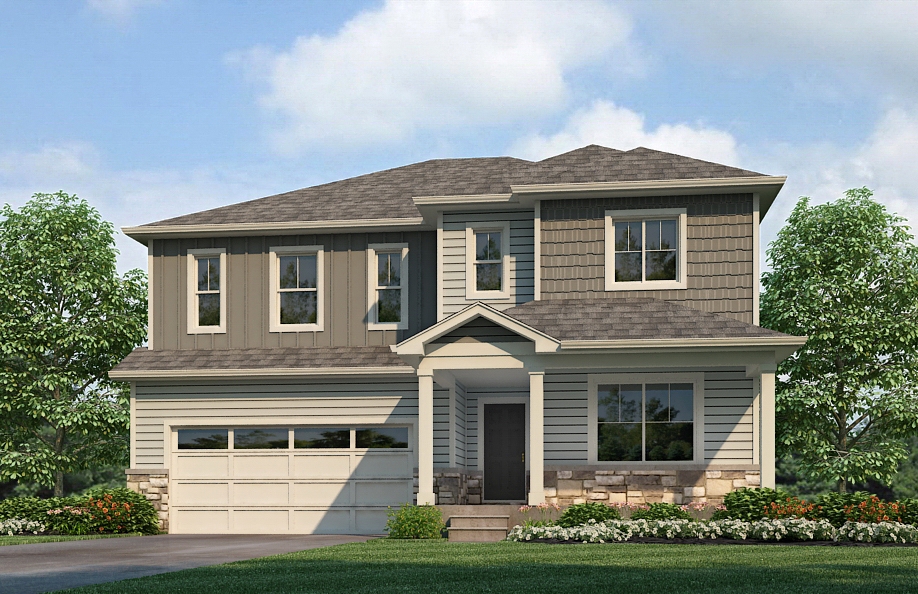 Elevation J of two-story Hennessy plan in Settlers Crossing featuring covered front porch