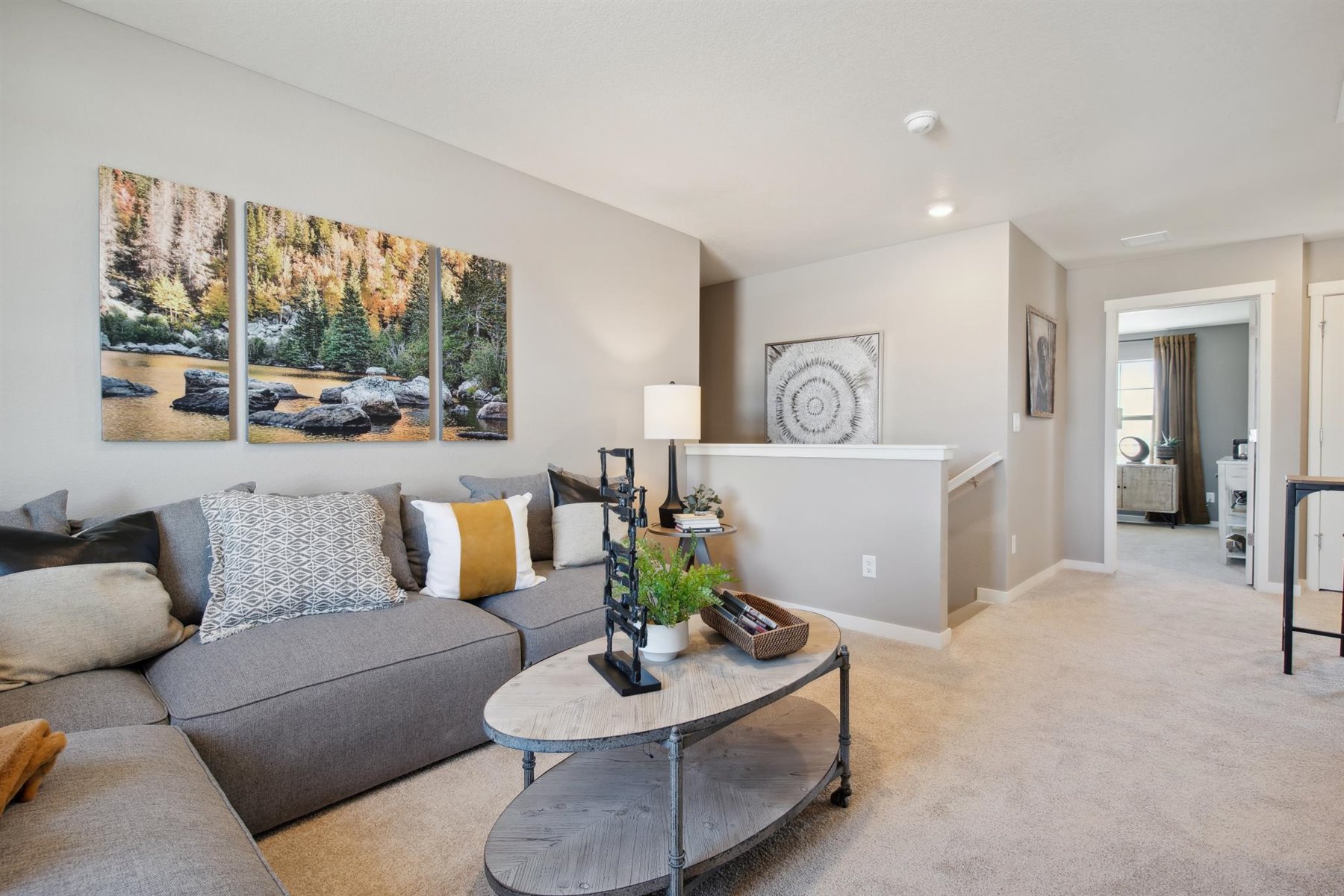 Multifunctional loft with plush carpeting and LED lighting