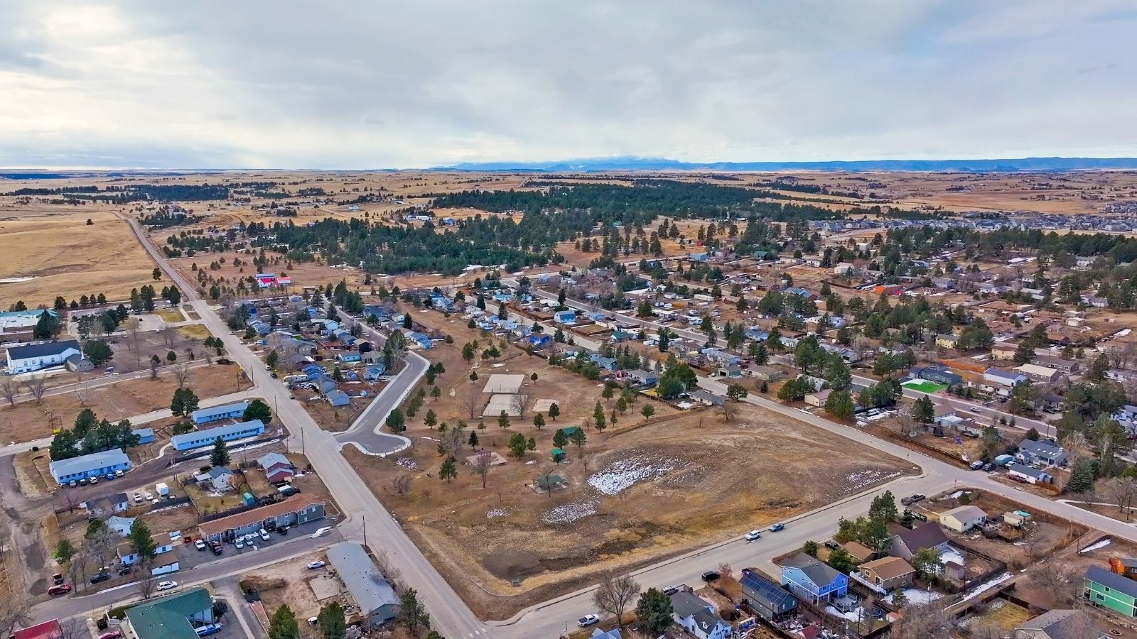 Angled aerial view of Spring Valley Ranch community in Denver, Colorado