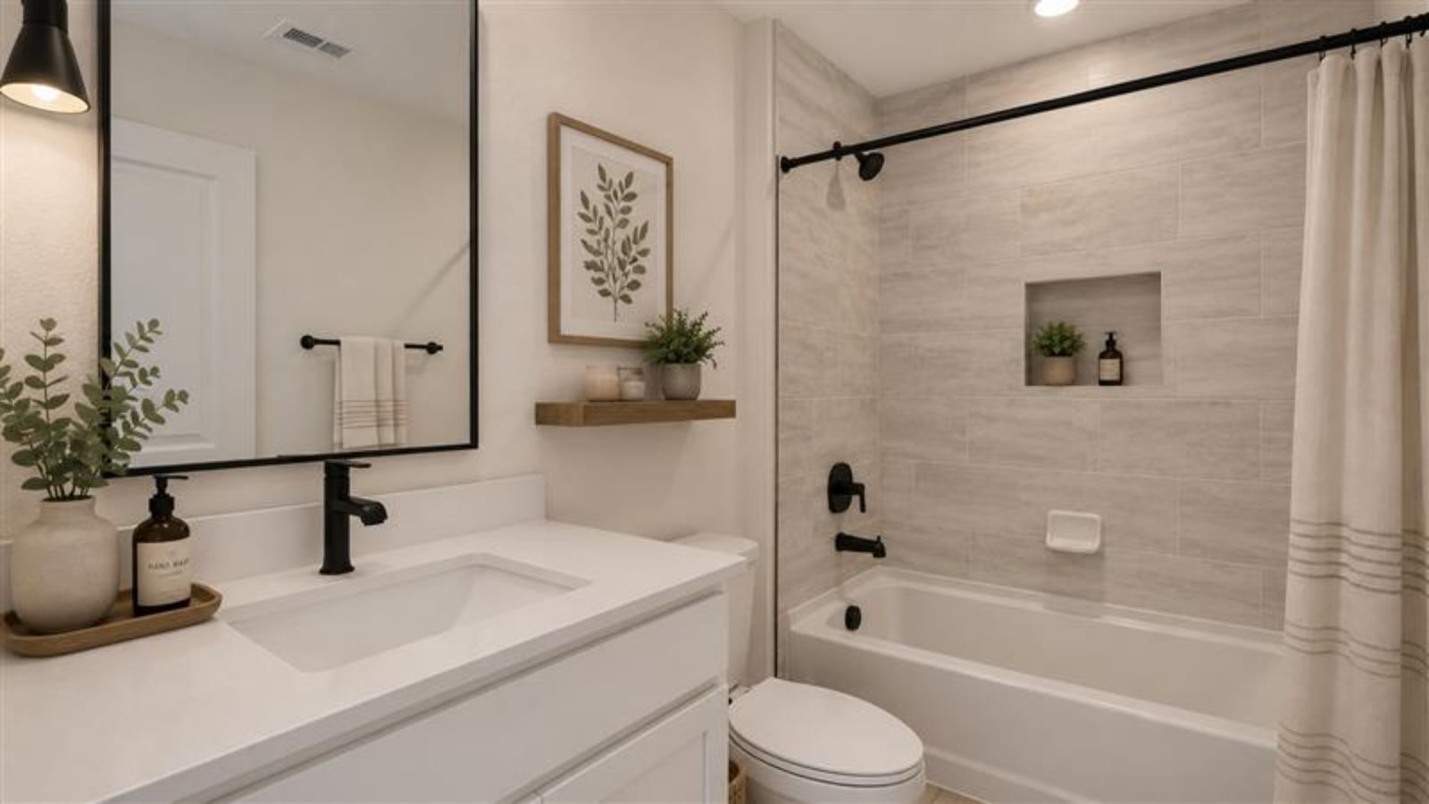 Virtually staged secondary bathroom in new D.R. Horton home