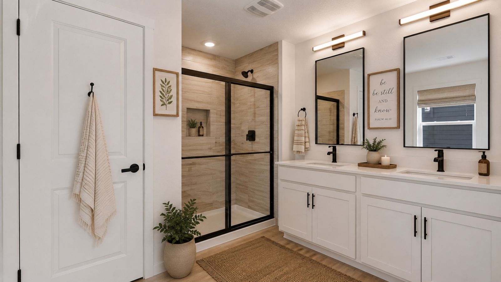 Virtually staged primary bathroom in new home at Spring Valley Ranch