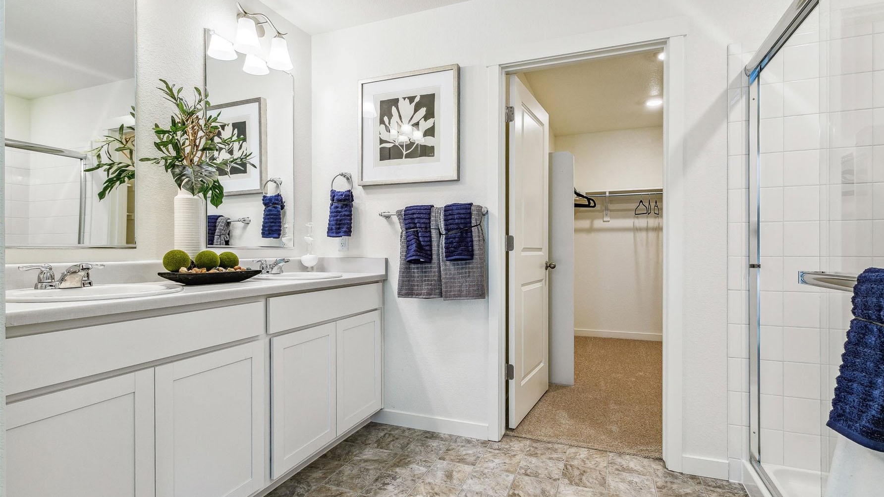 Spacious private bathroom with dual vanity sinks, step-in shower, and connected walk-in closet