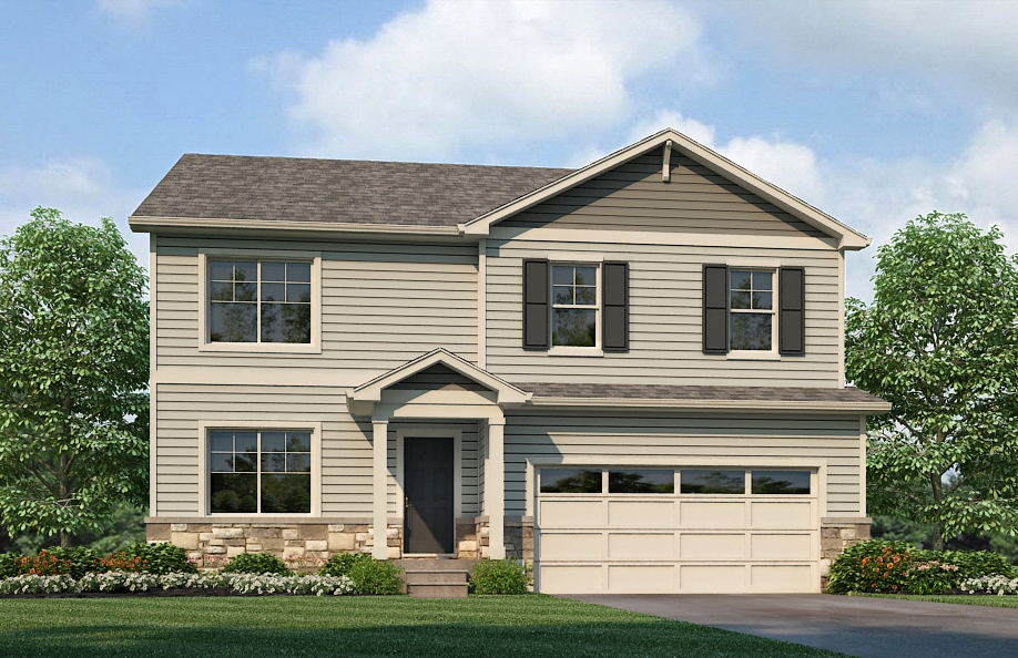 Henley floor plan elevation A exterior at Spring Valley Ranch with covered porch and extended garage angled roof