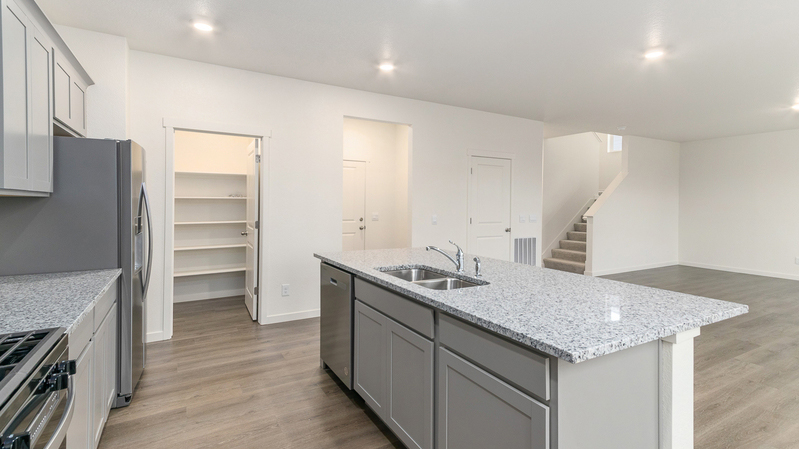 Large granite countertops, built-in island sink, and pantry