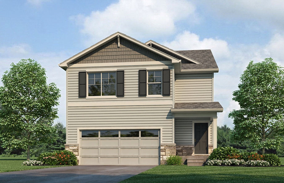 Exterior grey two-story home with panel detailing