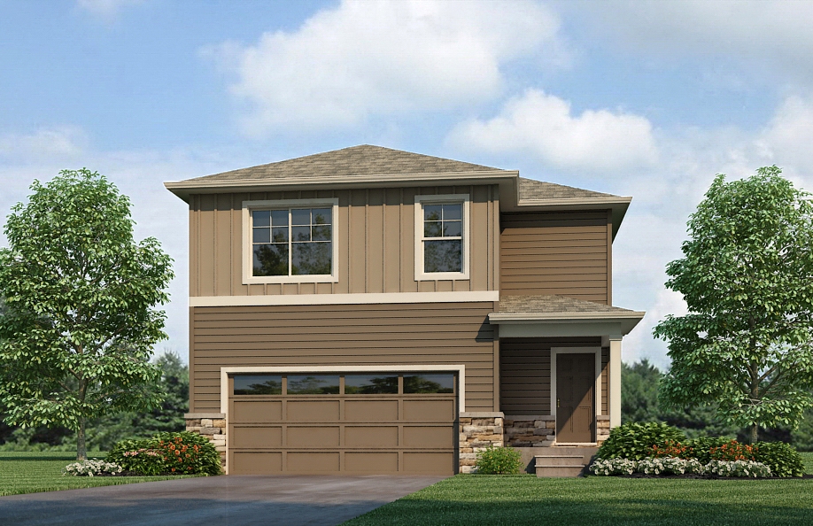 Exterior tan two-story home with panel detailing