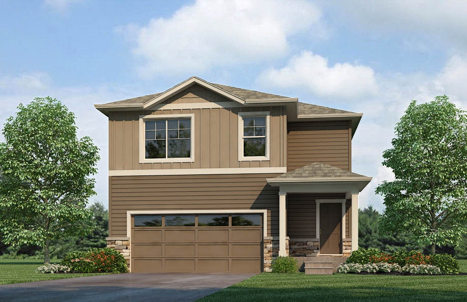 Exterior tan two-story home with panel detailing