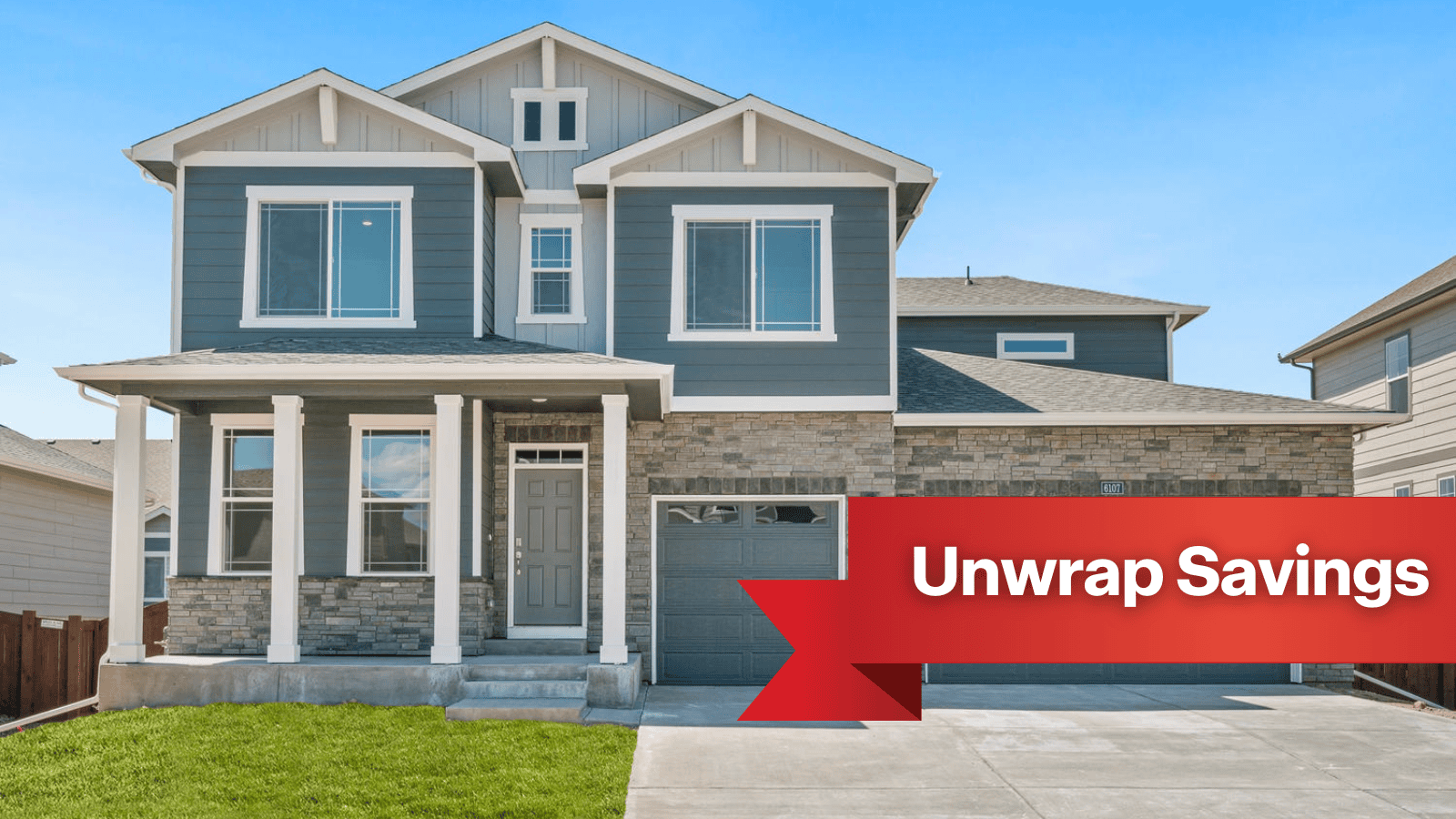 Exterior image of two-story Timberleaf home with ledgerstone façade, wide driveway, and three car garage, by D.R. Horton in Thornton, Colorado