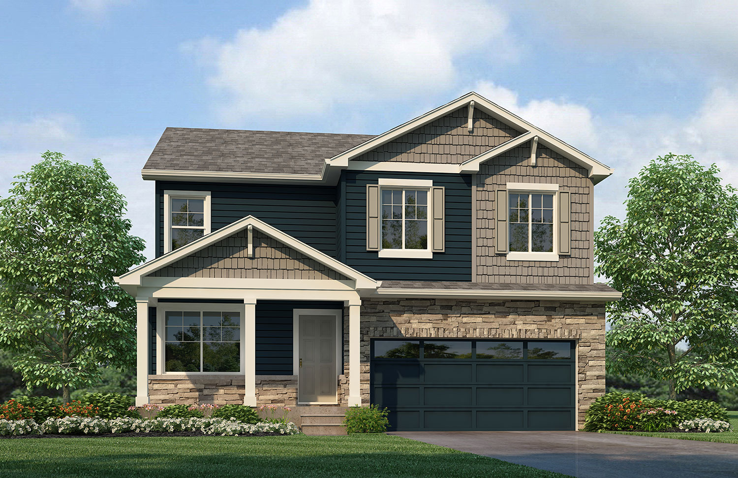 Two story, two car garage brown home with dark blue accents elevation B3