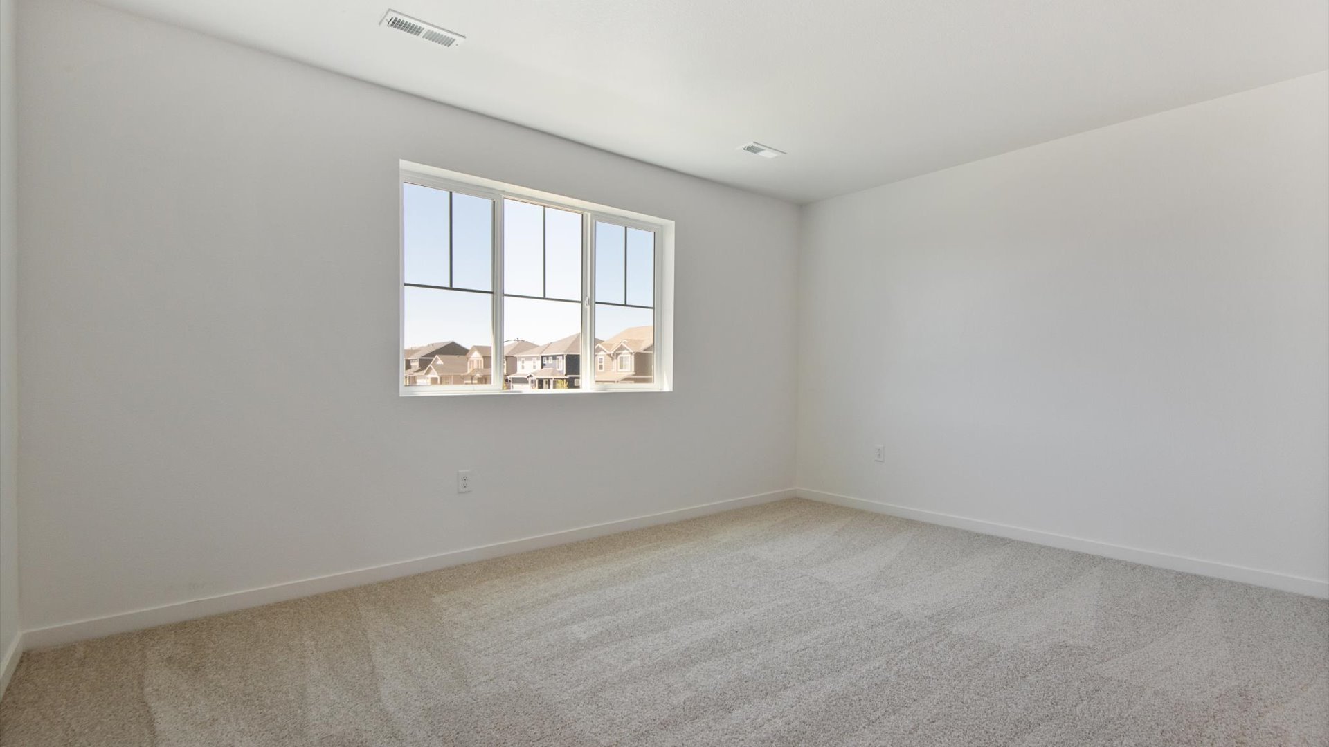 Primary bedroom in this Douglas plan design features plush carpeting in a generously sized bedroom and gridded windows