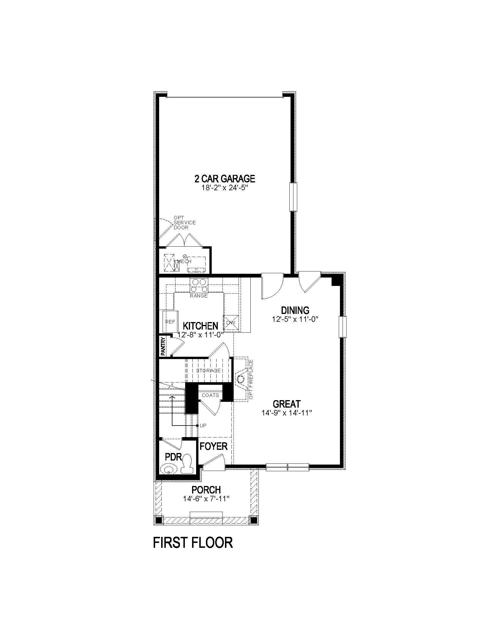 Horizon Uptown Douglas first floor plan showcasing open great room and dining with kitchen, peninsula and under-stair storage