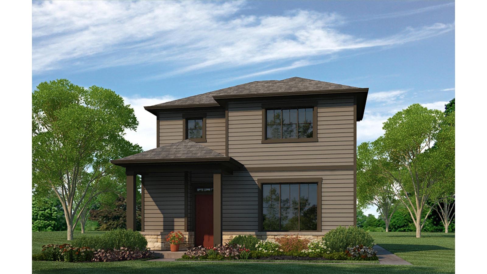 Douglas plan rendering featuring rich paint scheme with dark brown trim, gridded windows, covered porch and stone veneer