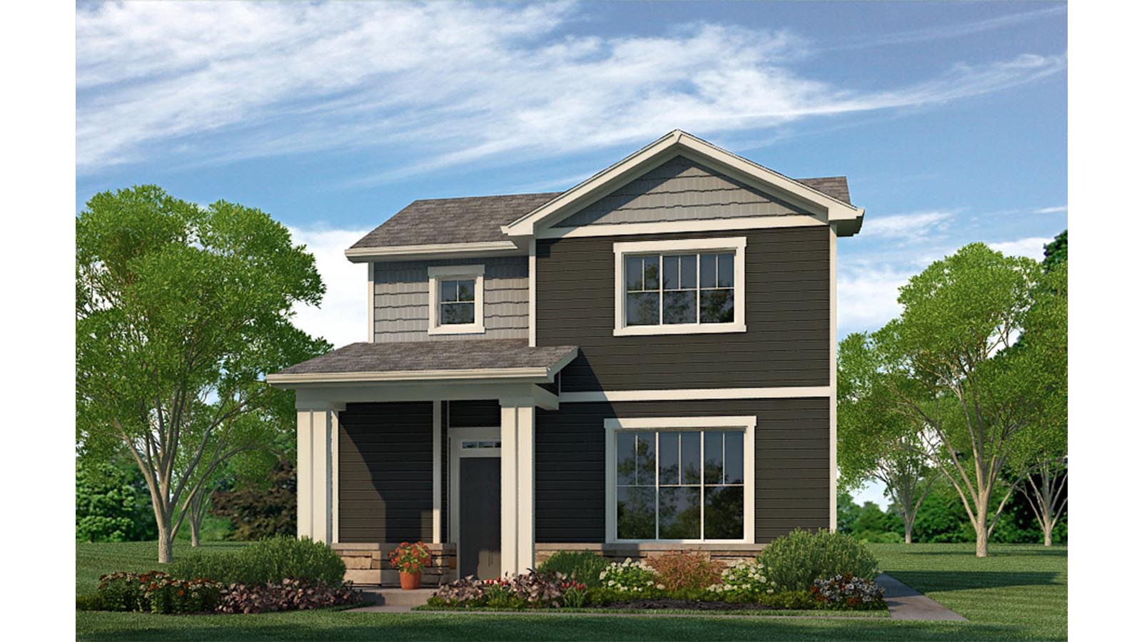 Douglas home design rendering featuring dark grey and light grey paint color scheme with stone veneer and covered porch