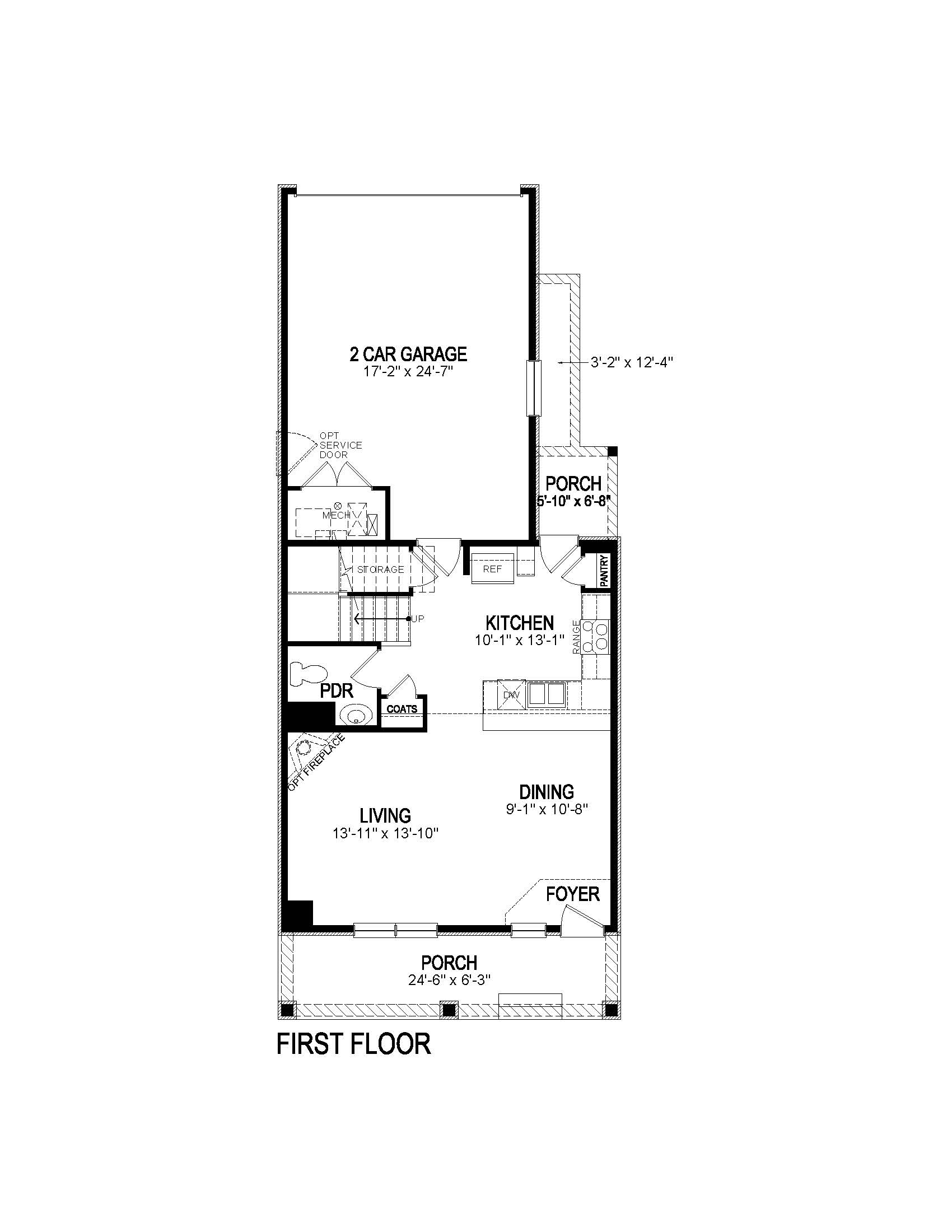 Larimer first floor plan at Horizon Uptown with front porch, open concept living and dining rooms, and kitchen with peninsula