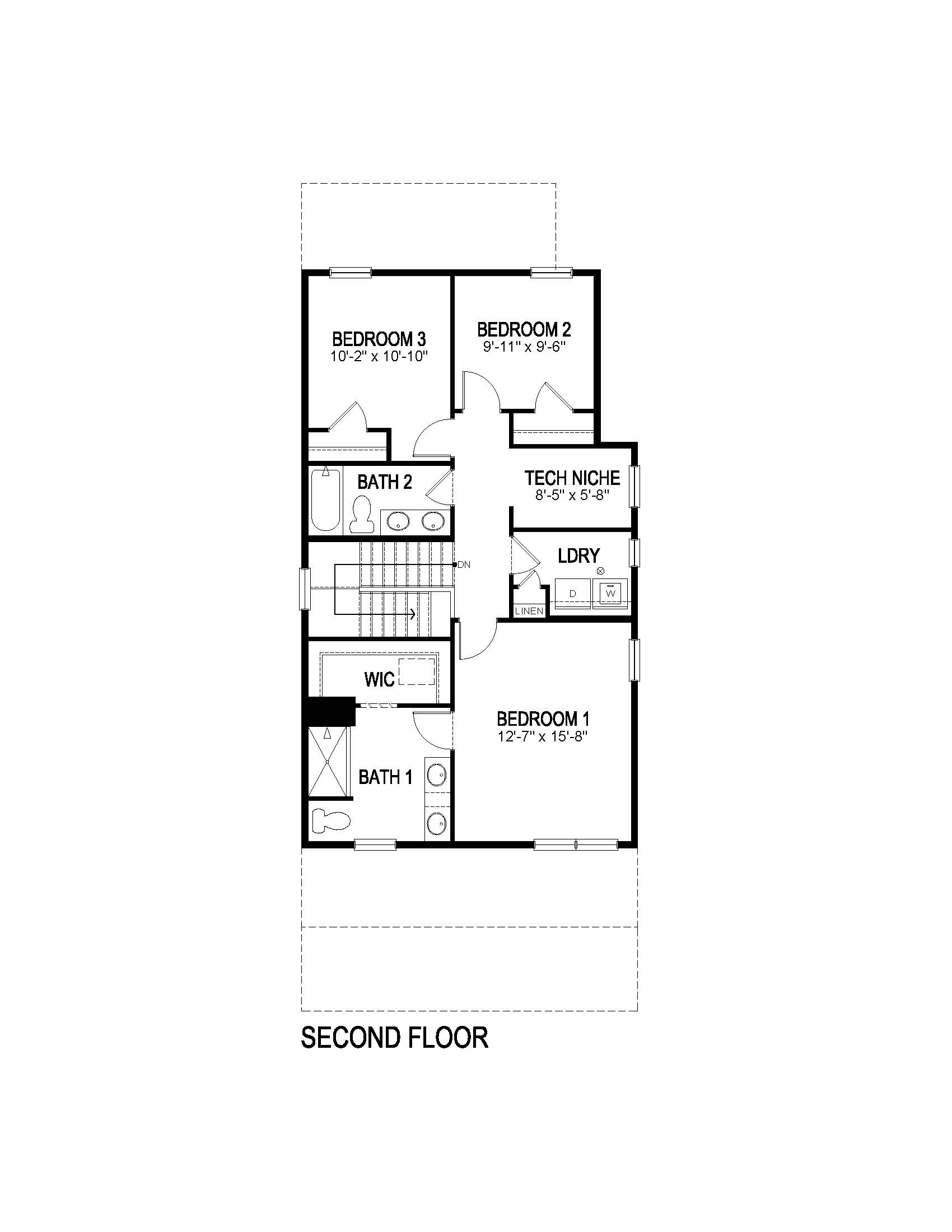 Larimer second floor plan at Horizon Uptown providing 3 bedrooms, 2 full bathrooms, a central laundry and a tech niche
