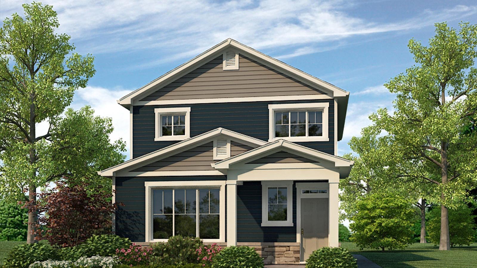Rendering D of Larimer plan at Horizon Uptown with dark body color, beige gables and door, stone veneer and covered porch